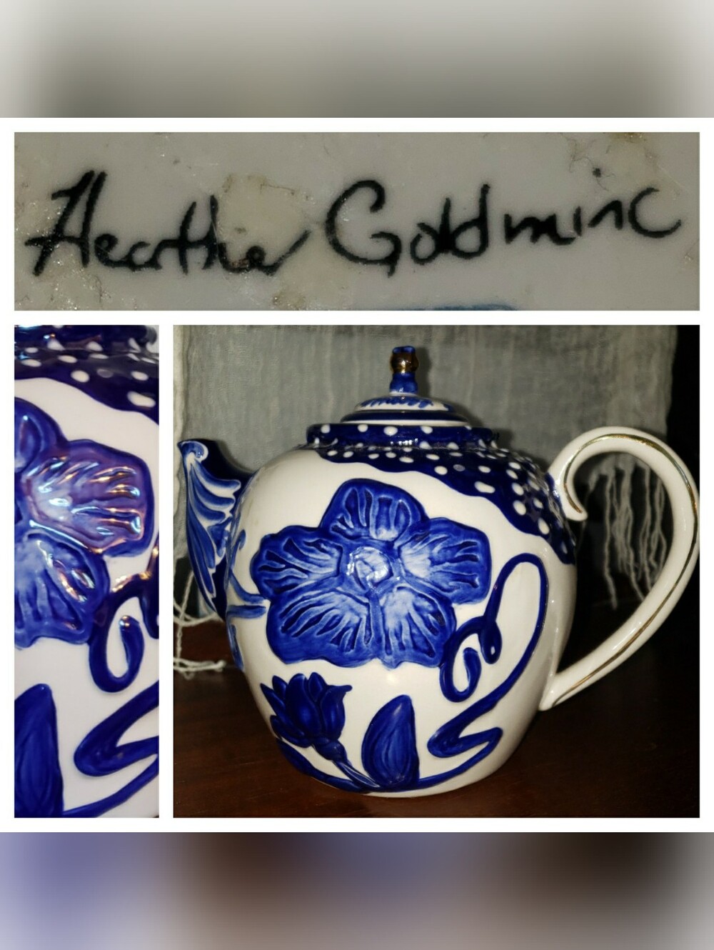 Blue Floral Ceramic Teapot W/ Gold Accents-